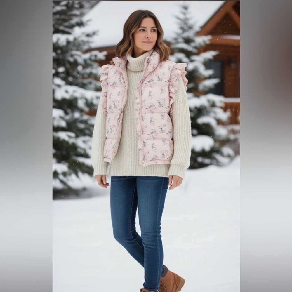 Very J Pink Floral Ruffle Puffer Vest| Size Med| NWT